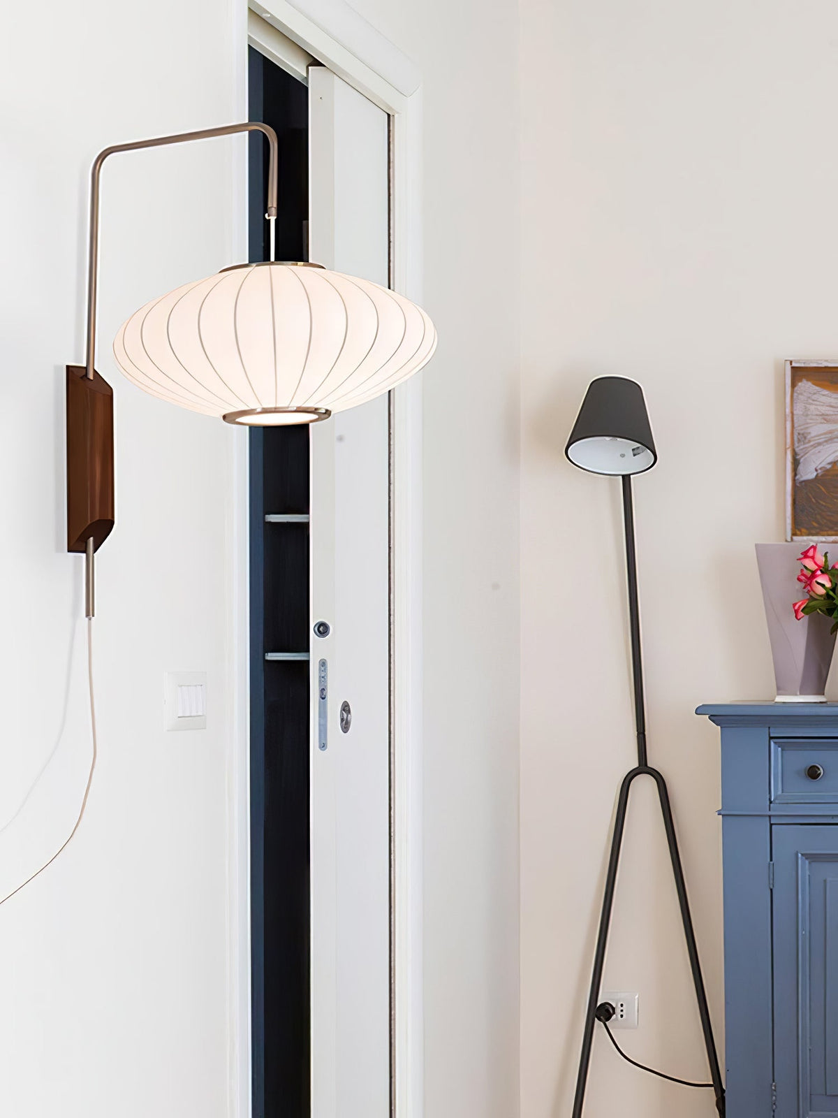 Swivel Sphere Wall Light with Adjustable Cord 15.7 in Walnut Chrome Finish Plug-In LED Sconce for Bedroom Office Living Room