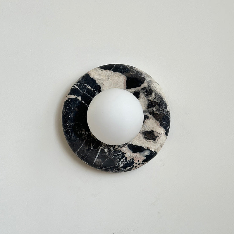 Round Glass Sconce with Natural Stone Backplate – 8-Inch Contemporary Fixture for Entryways, Bedrooms & Corridors