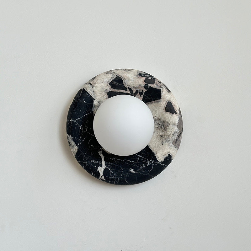 Round Glass Sconce with Natural Stone Backplate – 8-Inch Contemporary Fixture for Entryways, Bedrooms & Corridors