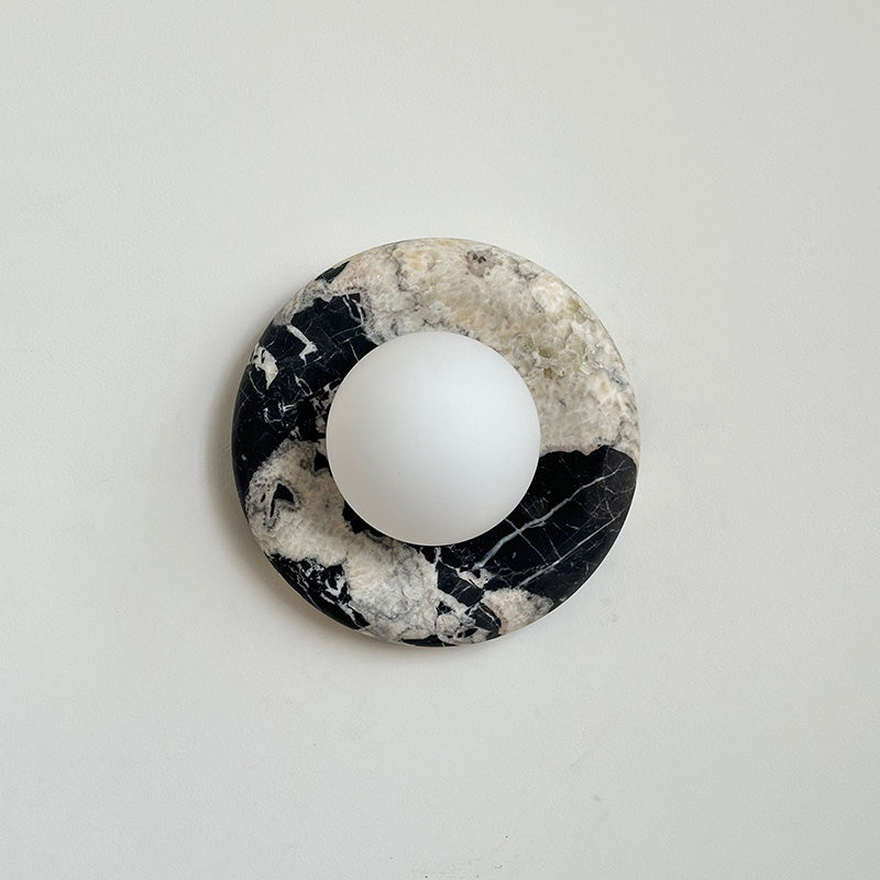 Round Glass Wall Sconce with Curved Marble Backplate for Living Room, Bedroom & Hallway – Hardwired Modern Indoor Light Fixture