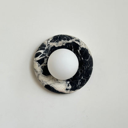 Round Glass Wall Sconce with Curved Marble Backplate for Living Room, Bedroom & Hallway – Hardwired Modern Indoor Light Fixture