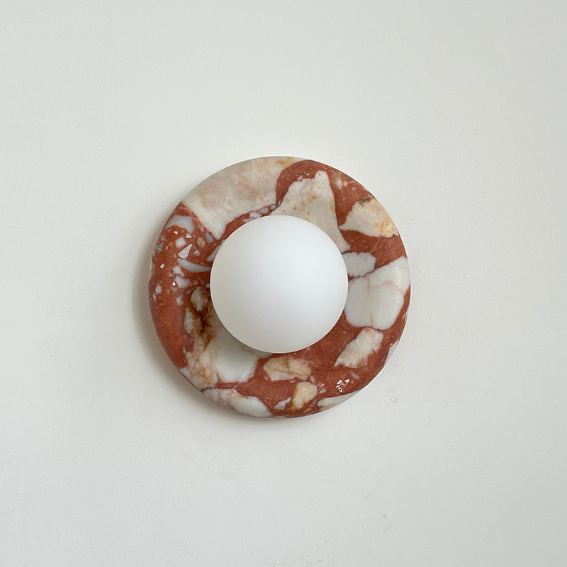Round Glass Wall Sconce with Curved Marble Backplate for Living Room, Bedroom & Hallway – Hardwired Modern Indoor Light Fixture