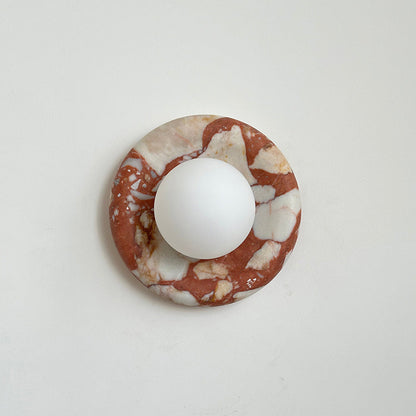 Round Glass Wall Sconce with Curved Marble Backplate for Living Room, Bedroom & Hallway – Hardwired Modern Indoor Light Fixture