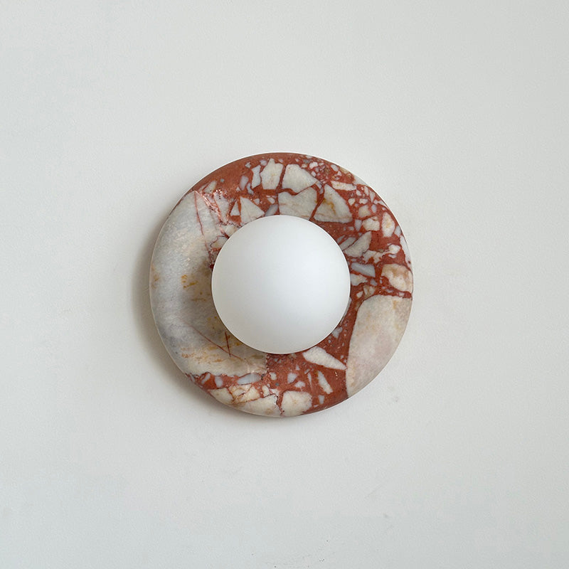 Round Glass Sconce with Natural Stone Backplate – 8-Inch Contemporary Fixture for Entryways, Bedrooms & Corridors