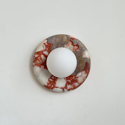 Round Glass Wall Sconce with Curved Marble Backplate for Living Room, Bedroom & Hallway – Hardwired Modern Indoor Light Fixture