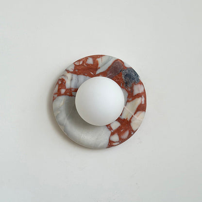 Round Glass Wall Sconce with Curved Marble Backplate for Living Room, Bedroom & Hallway – Hardwired Modern Indoor Light Fixture