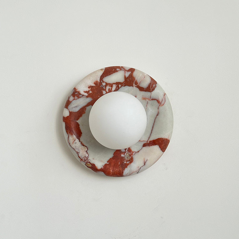 Round Glass Wall Sconce with Curved Marble Backplate for Living Room, Bedroom & Hallway – Hardwired Modern Indoor Light Fixture