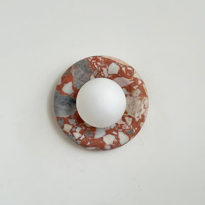 Round Glass Wall Sconce with Curved Marble Backplate for Living Room, Bedroom & Hallway – Hardwired Modern Indoor Light Fixture