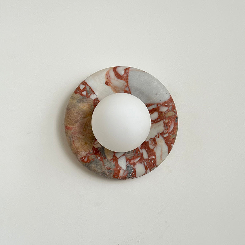 Round Glass Wall Sconce with Curved Marble Backplate for Living Room, Bedroom & Hallway – Hardwired Modern Indoor Light Fixture