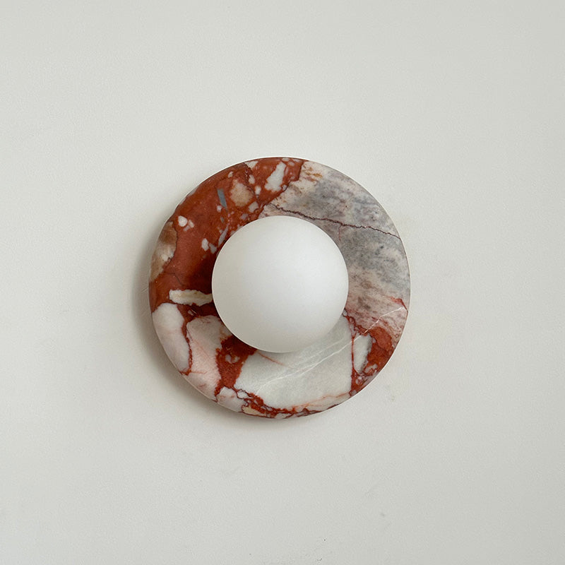 Round Glass Sconce with Natural Stone Backplate – 8-Inch Contemporary Fixture for Entryways, Bedrooms & Corridors