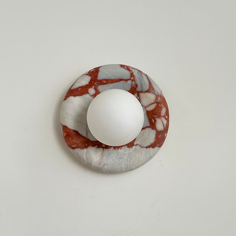 Round Glass Wall Sconce with Curved Marble Backplate for Living Room, Bedroom & Hallway – Hardwired Modern Indoor Light Fixture