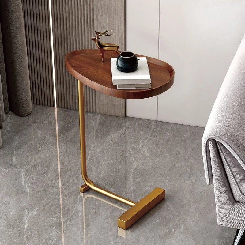 C-Shaped Mobile Side Table – Compact Wood and Metal Design for Sofa or Bed