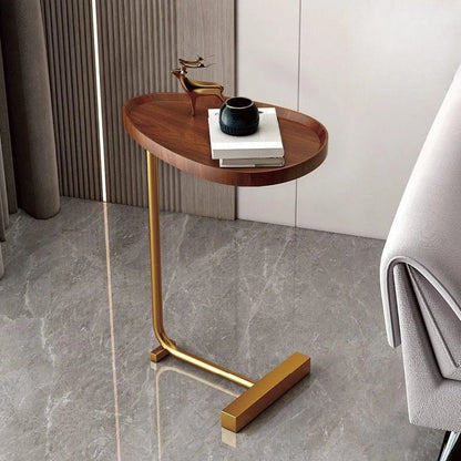 C-Shaped Mobile Side Table – Compact Wood and Metal Design for Sofa or Bed