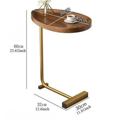 C-Shaped Mobile Side Table – Compact Wood and Metal Design for Sofa or Bed