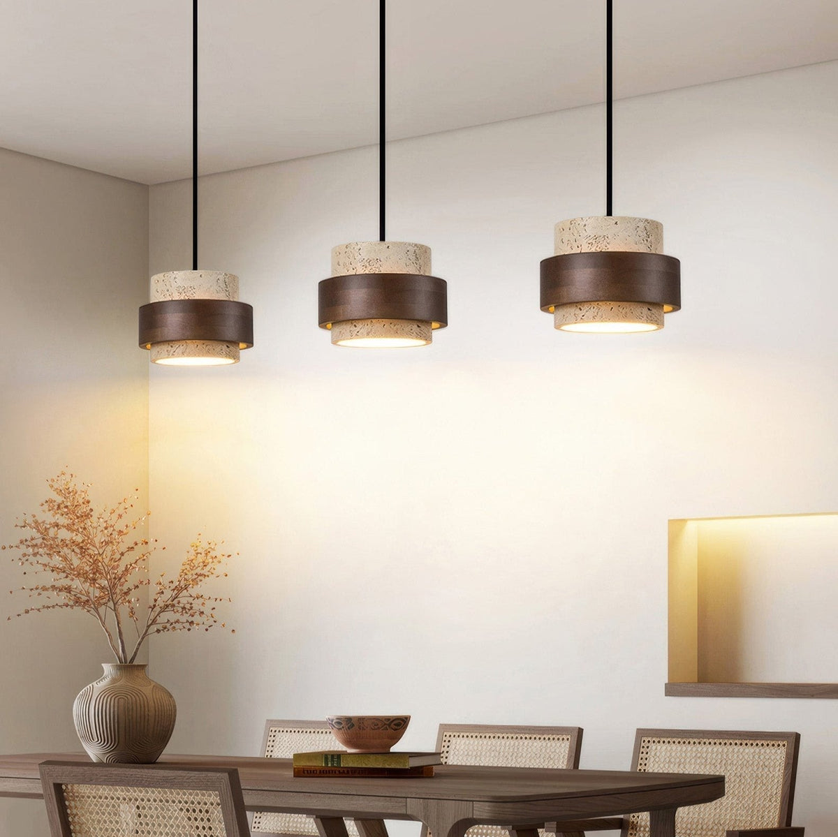 Stone & Wood Drop Ceiling Fixture 6.7 Inch Natural Travertine Hanging Light for Dining Table Kitchen Island Bedside Minimalist Adjustable Co