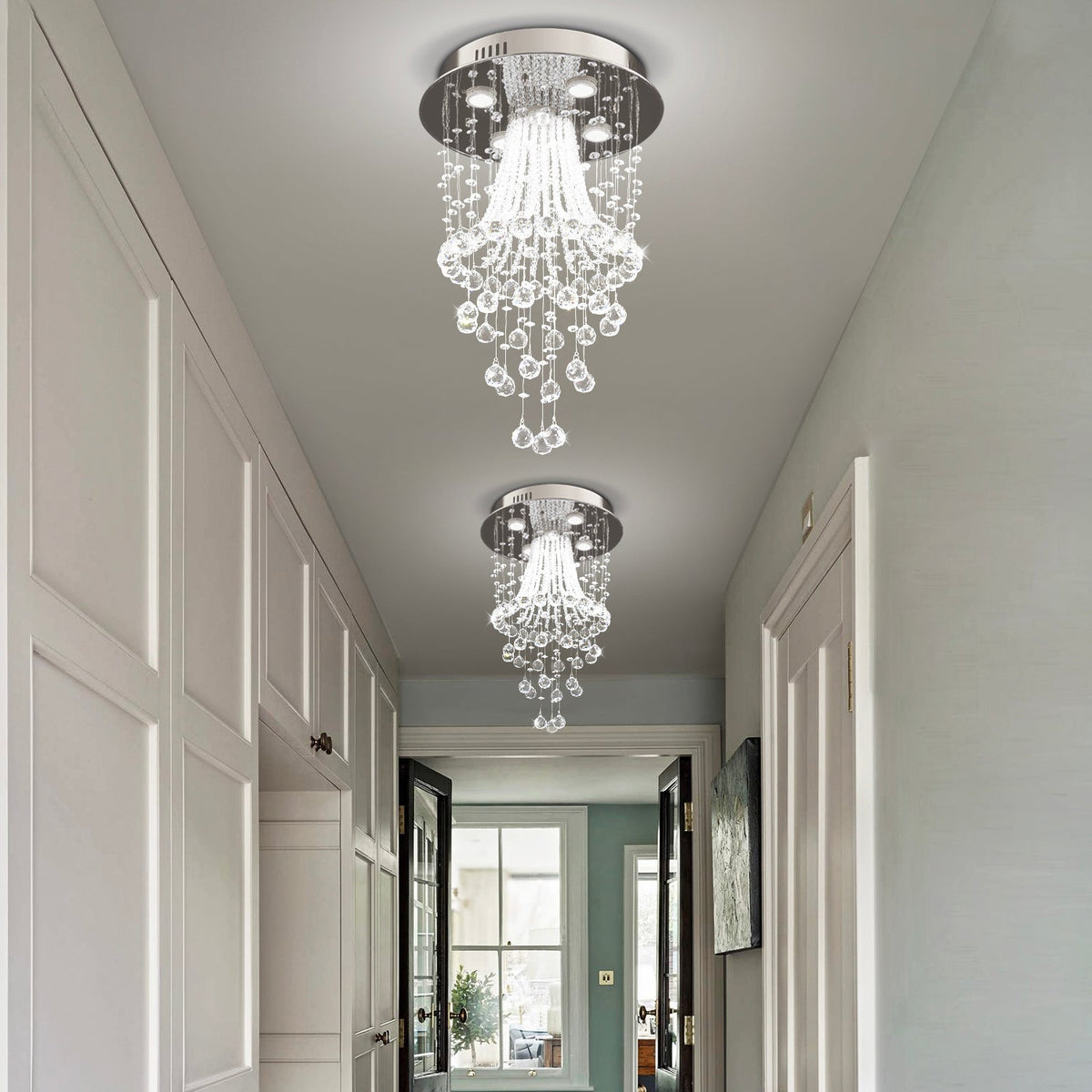 Chrome Ceiling Light with Cascading K9 Crystal Strands for Bedroom, Living Room & Hallway | 5-Light Flush Mount Fixture with GU10 Sockets