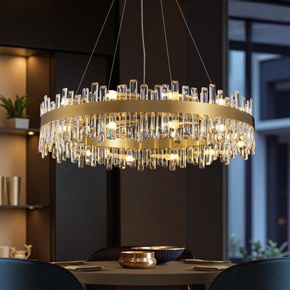 Tiered Crystal Chandelier with Gold Frame – Dining Room & Kitchen Island Ceiling Light – 19.7 to 39.4 inch diameter – Multi-Layer K9 Prism D