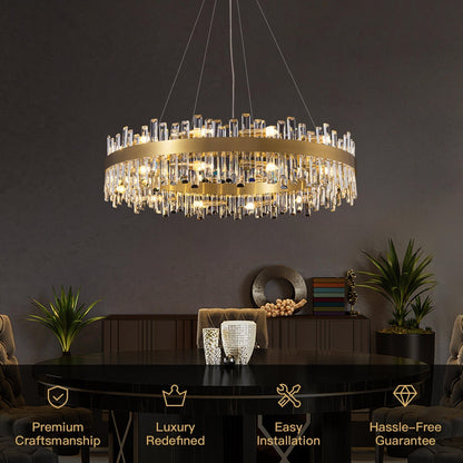 Tiered Crystal Chandelier with Gold Frame – Dining Room & Kitchen Island Ceiling Light – 19.7 to 39.4 inch diameter – Multi-Layer K9 Prism D