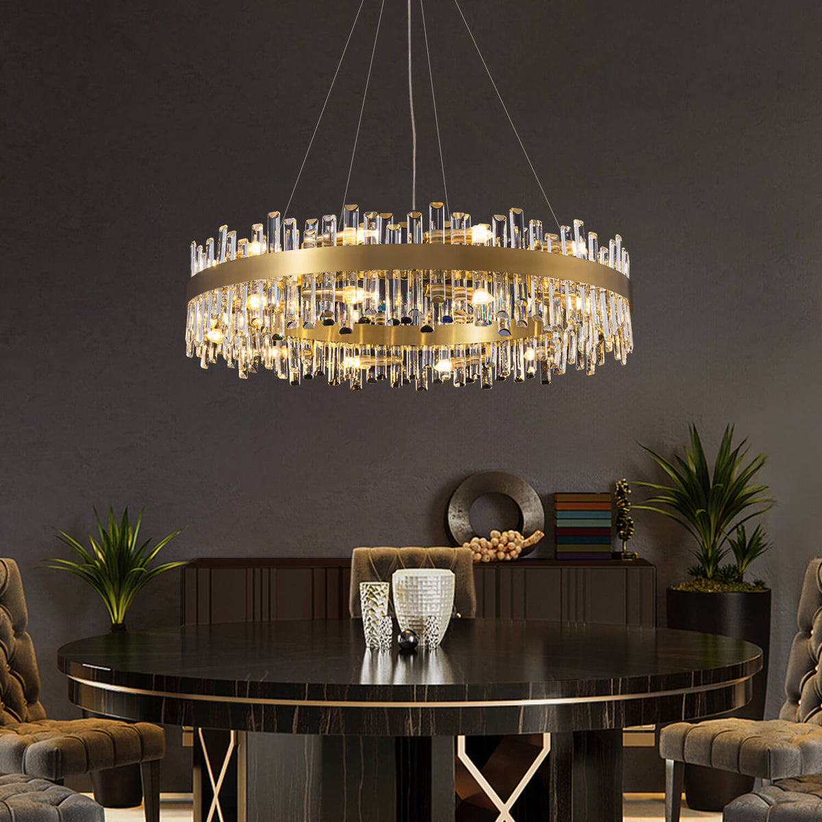Round Crystal Chandelier Gold Metal 20-Inch Adjustable Height Ceiling Fixture Hanging Lights for Dining Tables Kitchen Islands Living Spaces