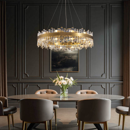 Round Crystal Chandelier Gold Metal 20-Inch Adjustable Height Ceiling Fixture Hanging Lights for Dining Tables Kitchen Islands Living Spaces