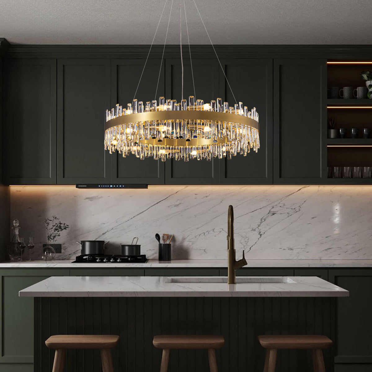 Tiered Crystal Chandelier with Gold Frame – Dining Room & Kitchen Island Ceiling Light – 19.7 to 39.4 inch diameter – Multi-Layer K9 Prism D