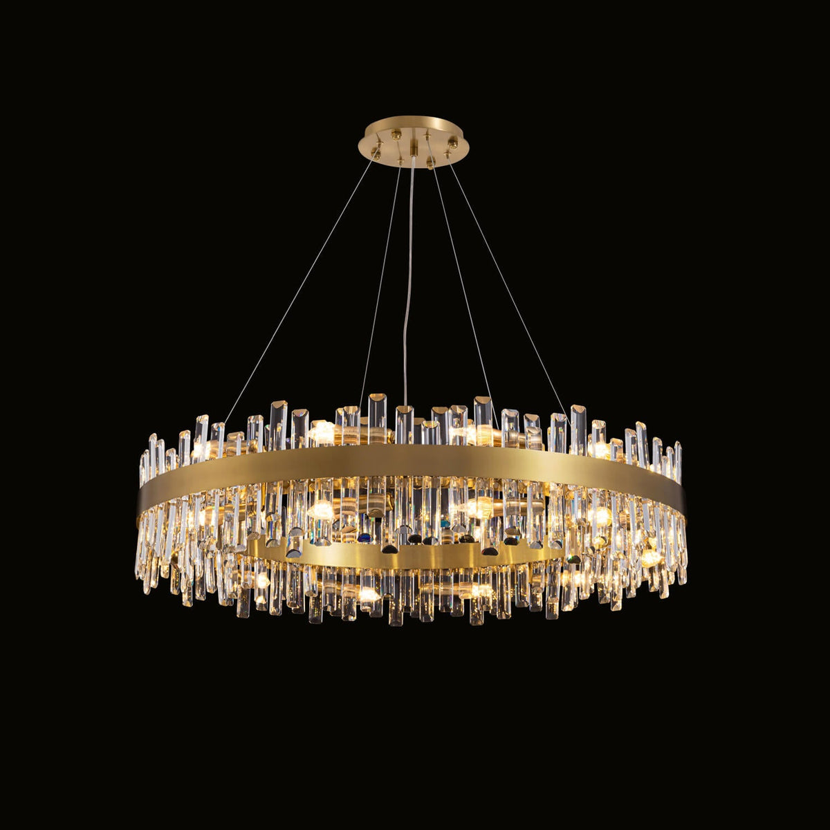 Round Crystal Chandelier Gold Metal 20-Inch Adjustable Height Ceiling Fixture Hanging Lights for Dining Tables Kitchen Islands Living Spaces