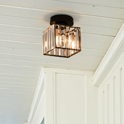Square Brass Ceiling Light with Crystal Glass Cover – Modern Flush Mount Fixture for Bedroom, Hallway, Living Room & Home Office – E27