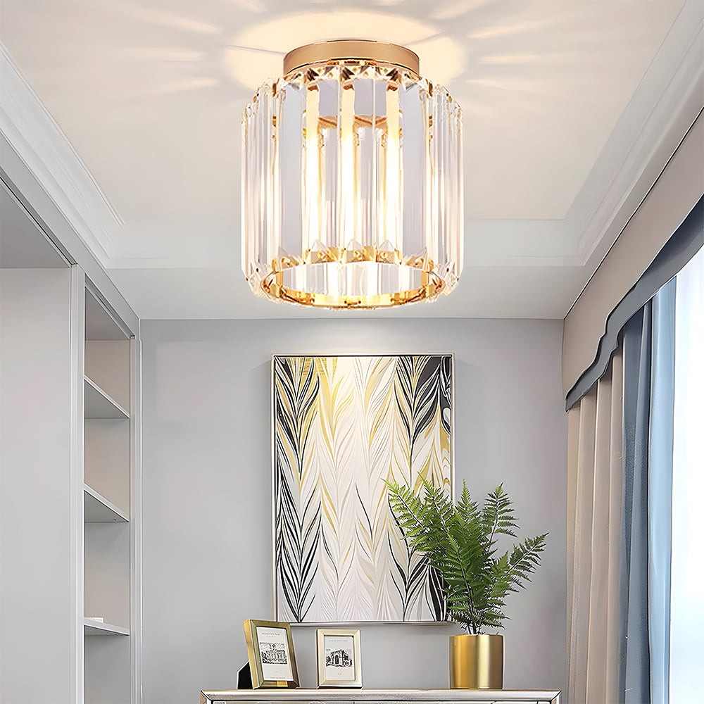 Cube Crystal Flush Mount Ceiling Light with Brass Frame 10 Inch for Bedroom Hallway Entryway Living Room Office Modern Home Lighting Fixture