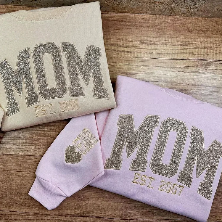Custom Name Embroidered Glitter Sweatshirt for Moms | Personalized Pullover with Kids Names on Sleeve | Unisex Fit | Hoodie or Crew Neck