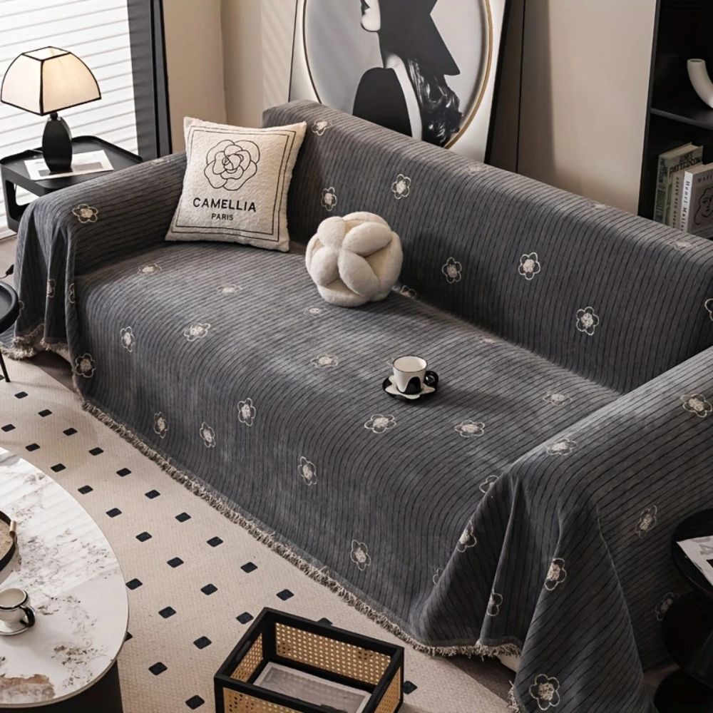 Cameron Sofa Cover - Breathable Chenille, Floral and stripe Embroidery