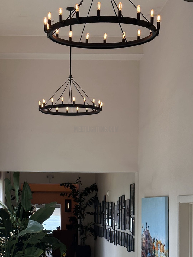 Two-Tier Statement Chandelier with Candelabra Bulbs for Dining Room & Foyer – Handcrafted Iron Rings, 30-66 LED Lights, Vintage Industrial