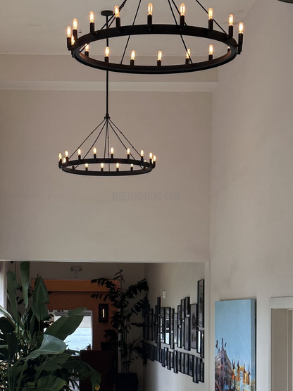 Two-Tier Statement Chandelier with Candelabra Bulbs for Dining Room & Foyer – Handcrafted Iron Rings, 30-66 LED Lights, Vintage Industrial
