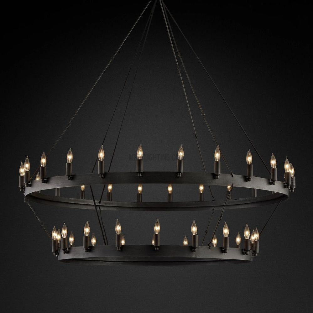 Two-Tier Statement Chandelier with Candelabra Bulbs for Dining Room & Foyer – Handcrafted Iron Rings, 30-66 LED Lights, Vintage Industrial