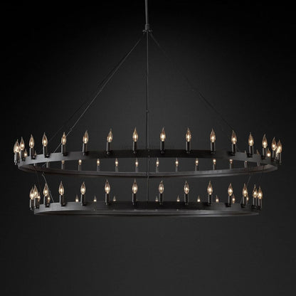 Two-Tier Statement Chandelier with Candelabra Bulbs for Dining Room & Foyer – Handcrafted Iron Rings, 30-66 LED Lights, Vintage Industrial