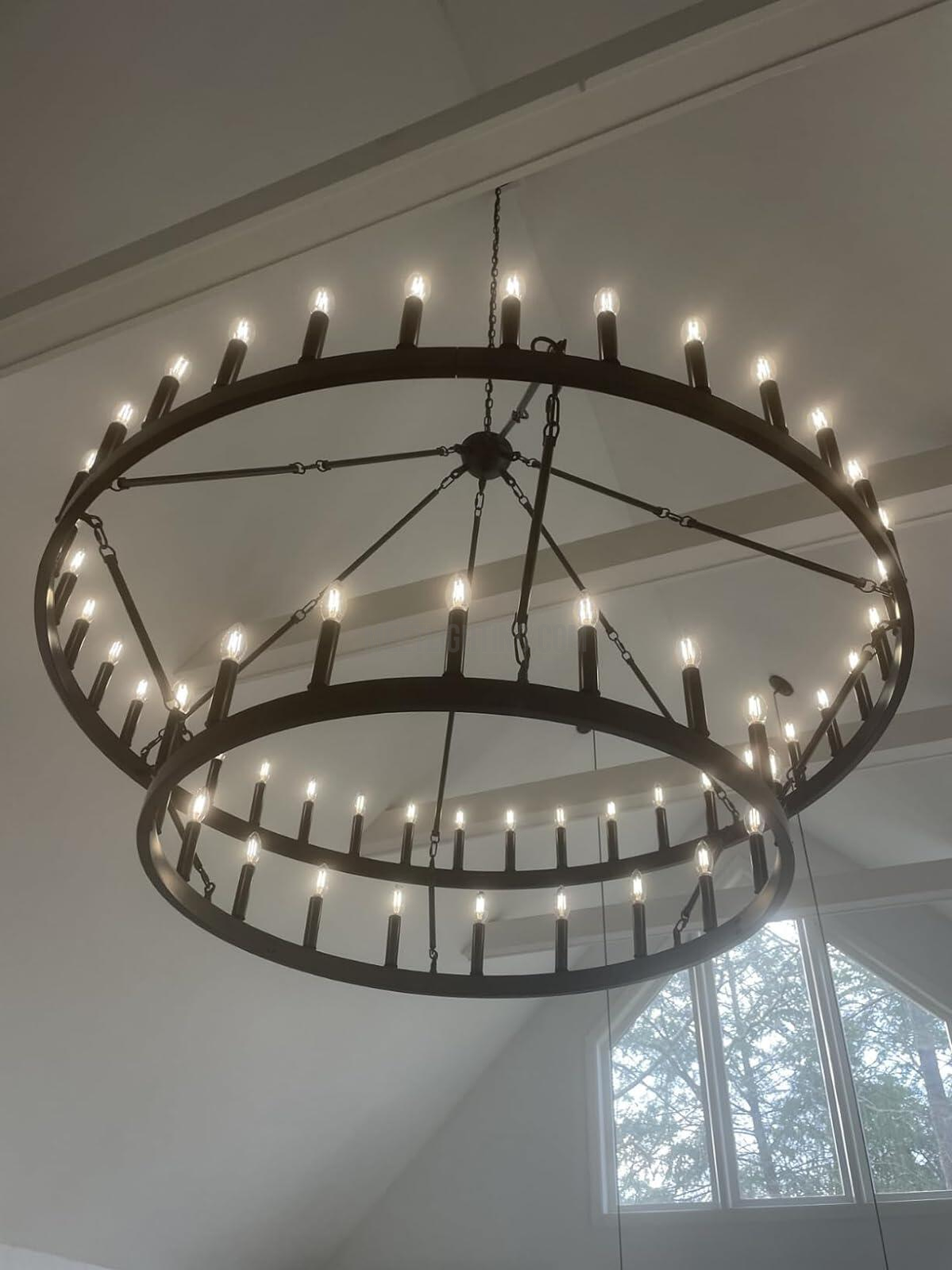 Two-Tier Statement Chandelier with Candelabra Bulbs for Dining Room & Foyer – Handcrafted Iron Rings, 30-66 LED Lights, Vintage Industrial