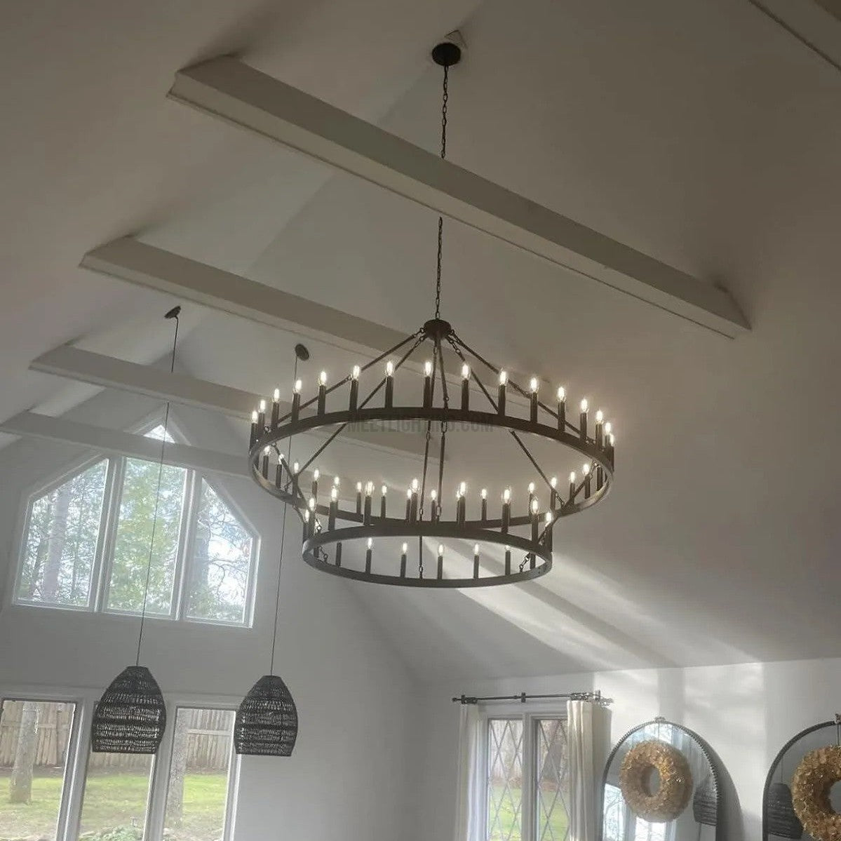 Two-Tier Statement Chandelier with Candelabra Bulbs for Dining Room & Foyer – Handcrafted Iron Rings, 30-66 LED Lights, Vintage Industrial