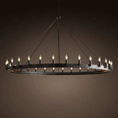 Circular Iron Ring Chandelier with Candelabra Bulbs – Statement Lighting for High Ceilings – 5 Diameter Options from 27" to 73"