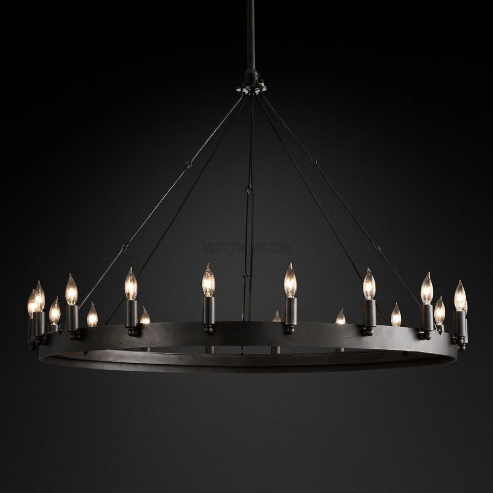Circular Iron Ring Chandelier with Candelabra Bulbs – Statement Lighting for High Ceilings – 5 Diameter Options from 27" to 73"