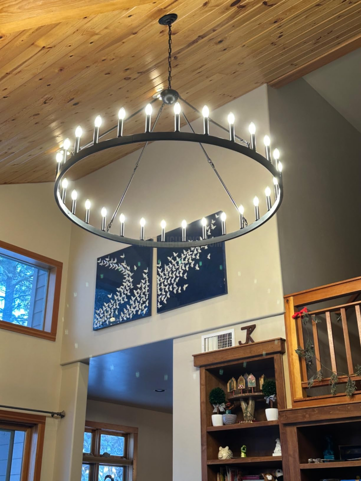 Circular Iron Ring Chandelier with Candelabra Bulbs – Statement Lighting for High Ceilings – 5 Diameter Options from 27" to 73"
