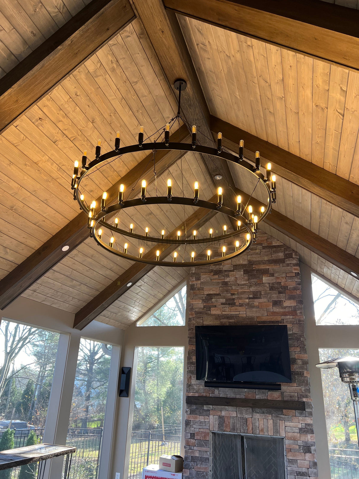 Circular Iron Ring Chandelier with Candelabra Bulbs – Statement Lighting for High Ceilings – 5 Diameter Options from 27" to 73"