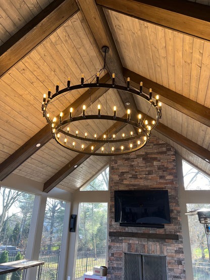 Circular Iron Ring Chandelier with Candelabra Bulbs – Statement Lighting for High Ceilings – 5 Diameter Options from 27" to 73"