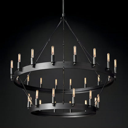 Two-Tier Industrial Chandelier with Filament Bulbs – Iron Angle Frame for Dining Room, Foyer & Living Space