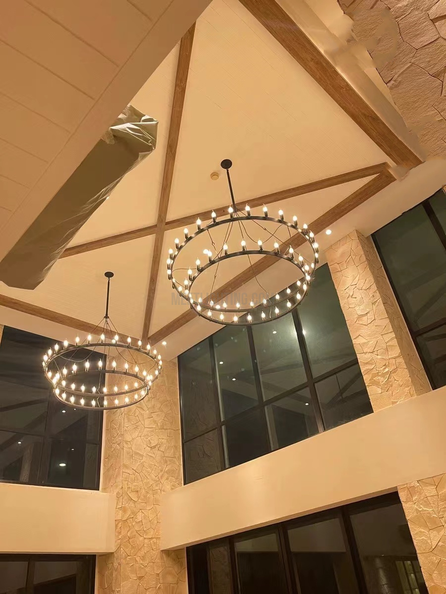 Two-Tier Industrial Chandelier with Filament Bulbs – Iron Angle Frame for Dining Room, Foyer & Living Space