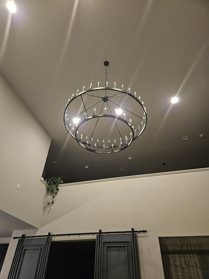 Two-Tier Industrial Chandelier with Filament Bulbs – Iron Angle Frame for Dining Room, Foyer & Living Space