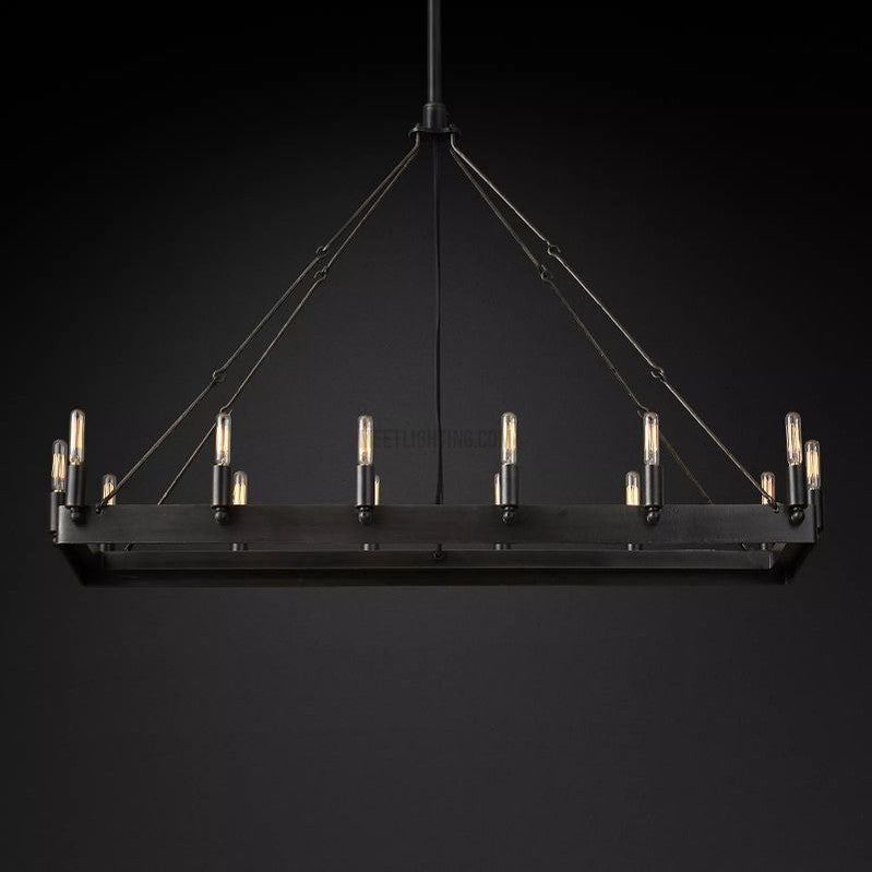 Industrial Rectangular Chandelier with Exposed Edison Bulbs – Adjustable Height Steel Frame Ceiling Light for Dining Room, Kitchen Island