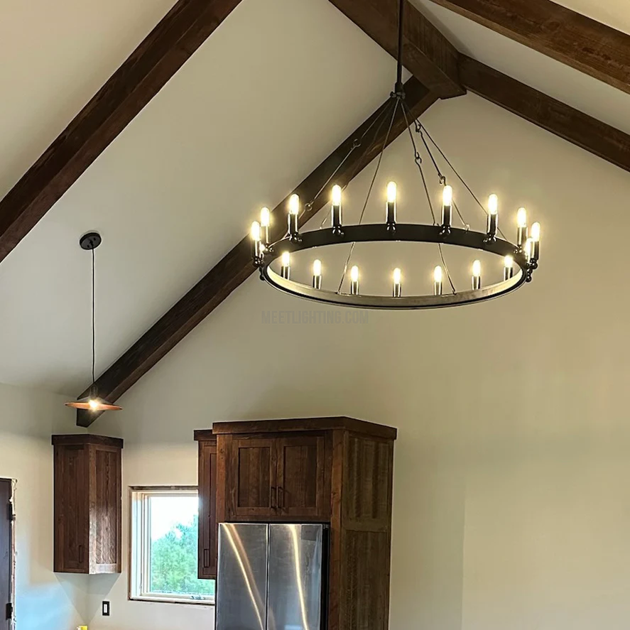 Industrial Round Iron Chandelier with Vintage Filament Bulbs for Dining Room & Foyer