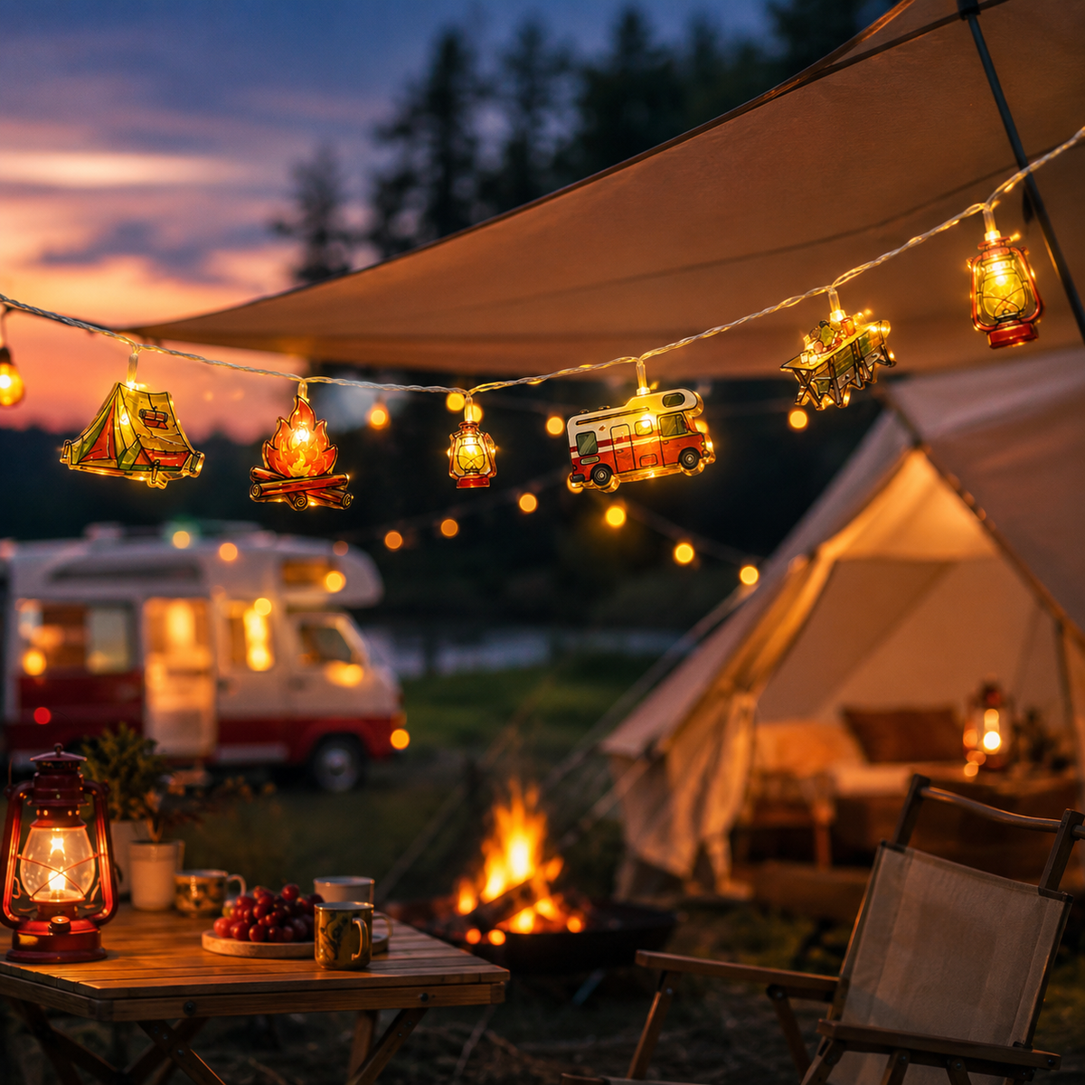 Camping-Themed LED Fairy Lights – Battery-Powered Indoor Outdoor String Lights with Tent, Campfire & Lantern Icons for Patio, Backyard &