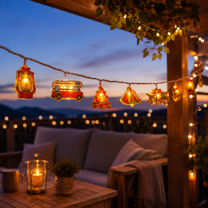 Camping-Themed LED Fairy Lights – Battery-Powered Indoor Outdoor String Lights with Tent, Campfire & Lantern Icons for Patio, Backyard &