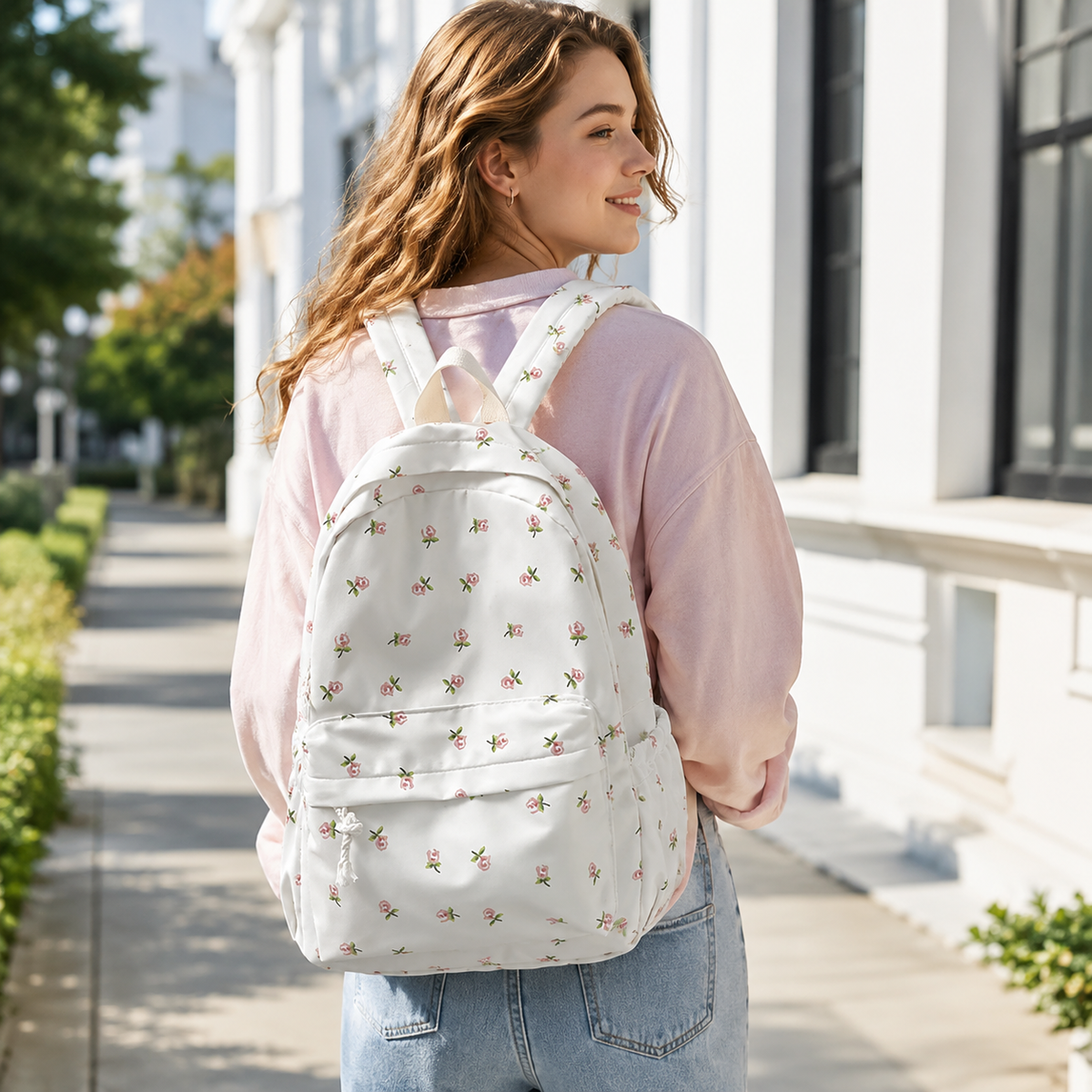 Floral Print School Backpack with Multiple Pockets for Students & Daily Use