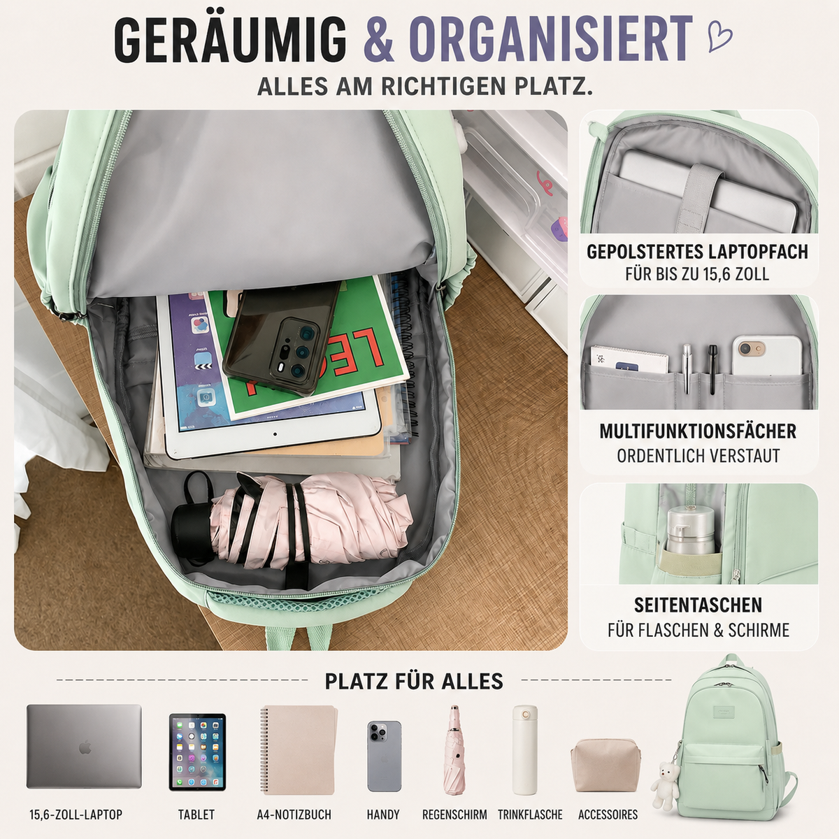 Sac à dos du quotidien avec compartiment rembourré pour ordinateur portable et poches multiples pour l'école, le travail et les voyages